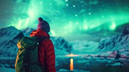 Wall Mural - An individual backpacking Visit the Lofoten Islands in Norway to witness the Northern Lights The frozen ocean and mountains of the Northern Lights at night. Travel to Norway. 
