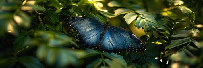 Wall Mural - A stunning wide-angle photograph capturing a Blue Morpho butterfly resting amidst vibrant green foliage. The butterflys wings are spread wide, showcasing its beautiful iridescent blue color