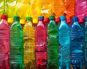 Wall Mural - A vibrant photograph showcasing a large heap of assorted empty plastic bottles, vividly colored and arranged in a chaotic yet compelling composition