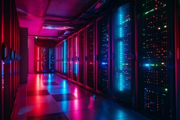 Poster - A striking image featuring a row of network servers illuminated with vibrant LED lights, showcasing vivid colors and advanced technology