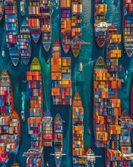 Poster - Vividly colored rows of cargo containers stacked on massive industrial cranes at a shipping port