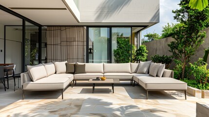 Poster - a large sectional couch sitting on top of a patio next to a table and chairs with a plant in the corner..