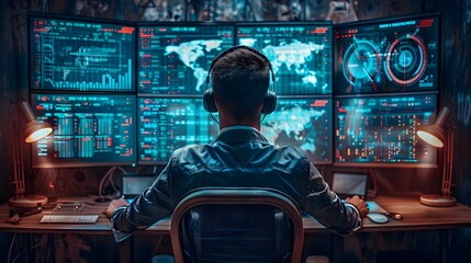 Poster - hacker accessing top secret files with multiple screens displaying digital security breaches and hig