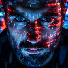 Aufkleber - intense hacker face lit by vibrant digital screens futuristic concept