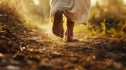Close-up of Jesus Feet Walking on Dirt Path