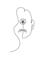 Wall Mural - Single line art drawing of a woman with flower in mental health concept.