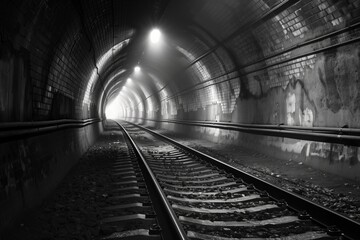 Poster - A tunnel with train tracks and graffiti on the walls. The tunnel is dark and the graffiti adds a sense of urban decay