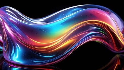 Wall Mural -  Bold holographic liquid blob shape isolated. Iridescent wavy melted substance on black background