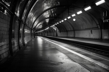 Poster - A dark tunnel with a train station in the middle, light