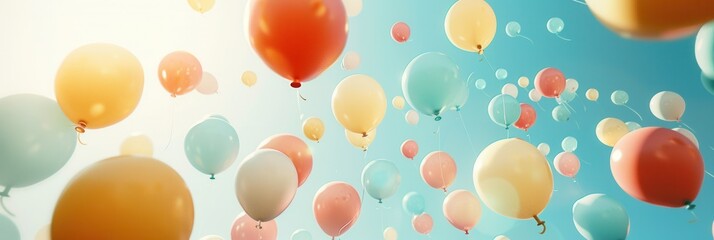 Poster - A photo of a blue sky with many colorful balloons floating in the air. Generative AI
