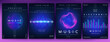 © Natalia - Electro music. Concert invitation. Sound poster design. Musical line waves. Voice frequency. Radio rhythm. Abstract gradient background. Graphic equalizer. Vector future color audio party flyers set