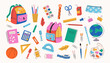 © Anna Bova - School supplies set. Backpack, book, globe, paints, ruler, pen, pencil, calculator, pencil box, brushes, glue. Vector illustration for study, school, university.