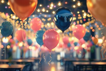 Wall Mural - Close-up shot of graduation balloons with caps and messages, lit by string lights indoors, against a blurred background of tables and chairs. Generative AI