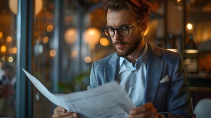 Poster - Vibrant Businessman Reviewing Successful Financial Reports in Modern Office