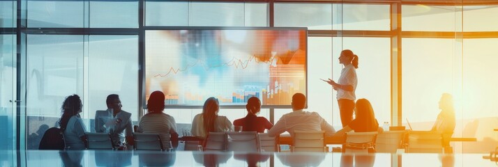 Wall Mural - A businesswoman gives a presentation to a group of colleagues inside a glass office. Charts and graphs are displayed on a screen behind the speaker