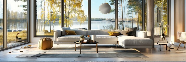 Wall Mural - Bright, airy Scandi living room with large windows overlooking a lake and trees. Sunlight fills the space, highlighting a white sectional sofa and chic coffee table