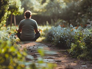 Poster - Overweight Person Practicing Mindfulness Meditation in Tranquil Garden for Mental Wellbeing