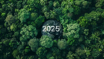 2025 New Year concept. Dense green forest with the year 2025 formed by trees, emphasizing environmental sustainability and future focus. SDGs, ESG, NetZero, and co2 concept, environmental awareness