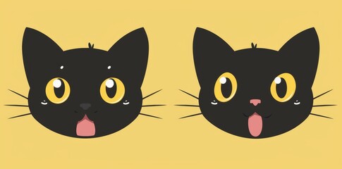 Wall Mural - Set of funny cats. A surprised, sad, angry face head. Black kitten with big eyes. Cute kawaii pet animal icon. Cartoon funny baby character with pink ears, nose, cheeks. Yellow background. Vector.