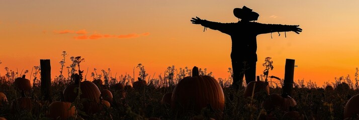 A silhouette of a scarecrow with outstretched arms stands in a field of pumpkins as the sun sets in the background