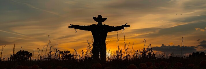 Wall Mural - A silhouette of a scarecrow with outstretched arms stands in a field during sunset. The sky is filled with orange and yellow hues