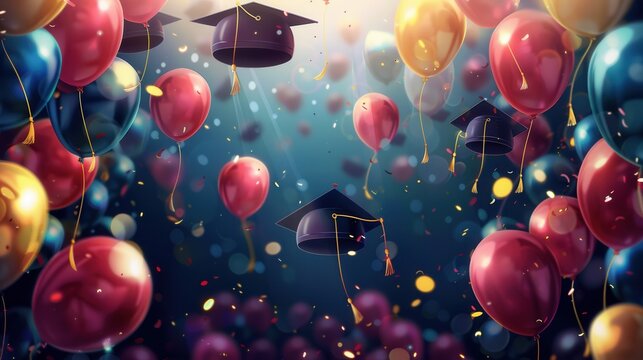 A celebratory image featuring colorful balloons and graduation caps floating against a blue sky. Generative AI
