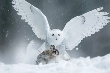 Wall Mural - Snowy owl landing on rabbit in winter snowfall