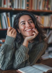 A woman at the university with an idea for research, studying, and learning. A female student with a textbook for knowledge, information, and literature.