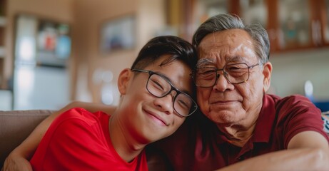 Wall Mural - The elderly man is embracing his son in the living room at home in a happy, loving and loving portrait. The elderly man and son are enjoying Father's Day together.