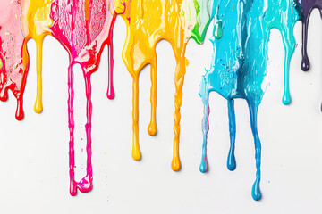 Wall Mural - Colorful Paint Drips Flowing Down a White Background in a Spectrum of Rainbow Colors