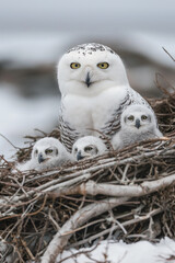 Wall Mural - Snowy owl mother protecting chicks in nest