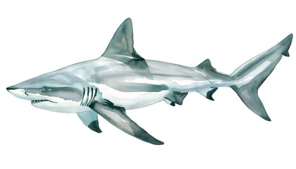 A watercolor illustration of a gray shark isolated on a white background