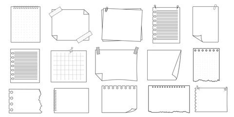 Memo sticky note reminder sheet paper. Doodle paper frame, check list with pin, tape, paperclip elements. Set cute notes, office or school messages.