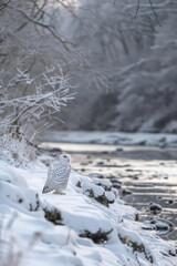 Wall Mural - Snowy owl perched on riverbank in winter wonderland