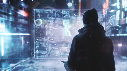 Poster - Man with futuristic digital tablet on a project