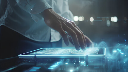 Poster - Man with futuristic digital tablet on a project