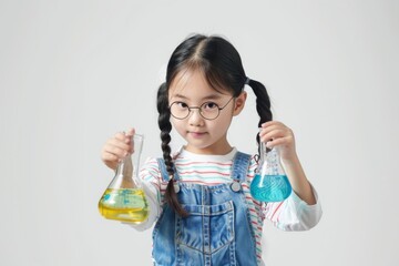 An adorable young child holds a microscope and a laboratory bottle at school to study science experiments with scientists. Education science concept.