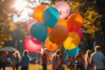 Wall Mural - A cluster of colorful balloons decorated with graduation symbols and congratulatory messages against a backdrop of a sunny outdoor party. Generative AI