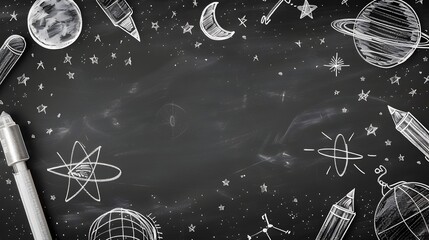 Wall Mural - chalkboard style frame with sketched educational concepts on blackboard background