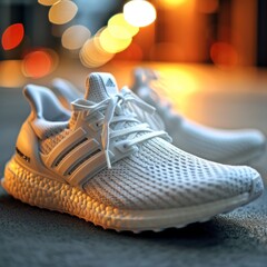 Wall Mural - Pair of running shoes on wet asphalt street, city lights in background, bokeh effect, vibrant bright