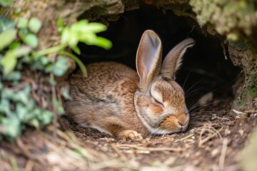 A baby rabbit is sleeping in a hole