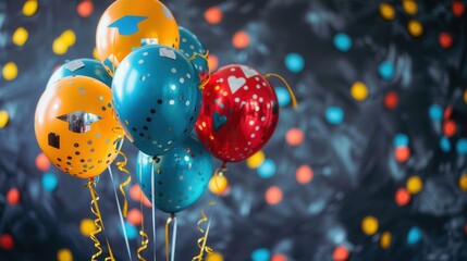 Canvas Print - A close-up image of colorful balloons with graduation caps and confetti against a blurred background of colorful dots. Generative AI