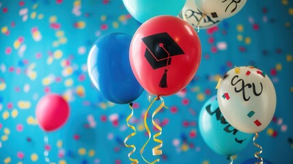 Canvas Print - A close-up image of colorful balloons with graduation messages and symbols, floating against a blue background with confetti. Generative AI