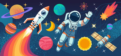 space astronaut. planets and, spaceman, sun and stars. human discovery galaxy travel flight cosmonau