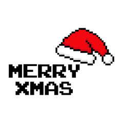 Wall Mural - Tiempo de Navidad. Logo con mensaje Merry Xmas con sombrero de Santa Claus estilo arcade con pixels para tarjetas y felicitaciones