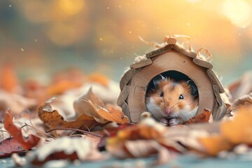 Wall Mural - A hamster is in a cardboard box with leaves on the ground