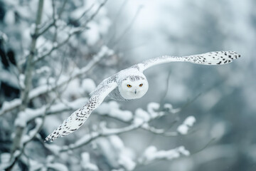 Wall Mural - Snowy owl gliding through snow covered forest