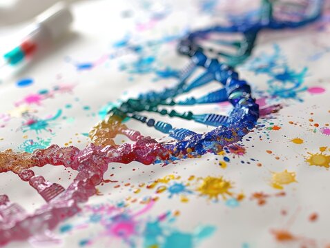 A colorful DNA double helix structure on a white background with paint splatters.  A scientific concept image.