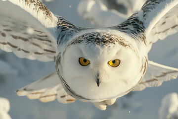 Wall Mural - Majestic snowy owl flying low over winter landscape