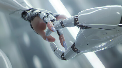 Fototapete - White cyborg finger about to touch human finger 